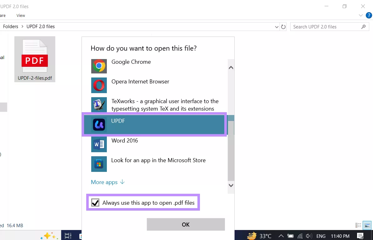 select updf as the default pdf viewer windows