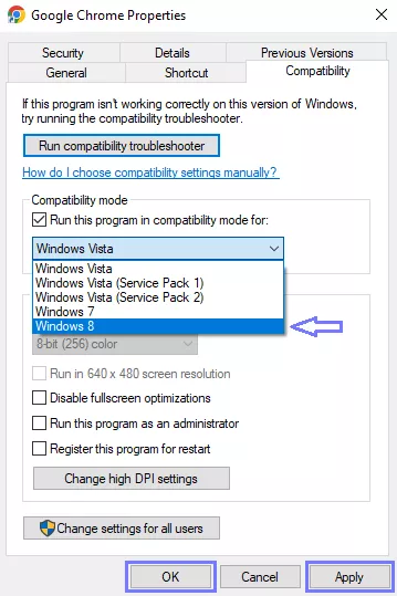select windows 8 and click ok chrome