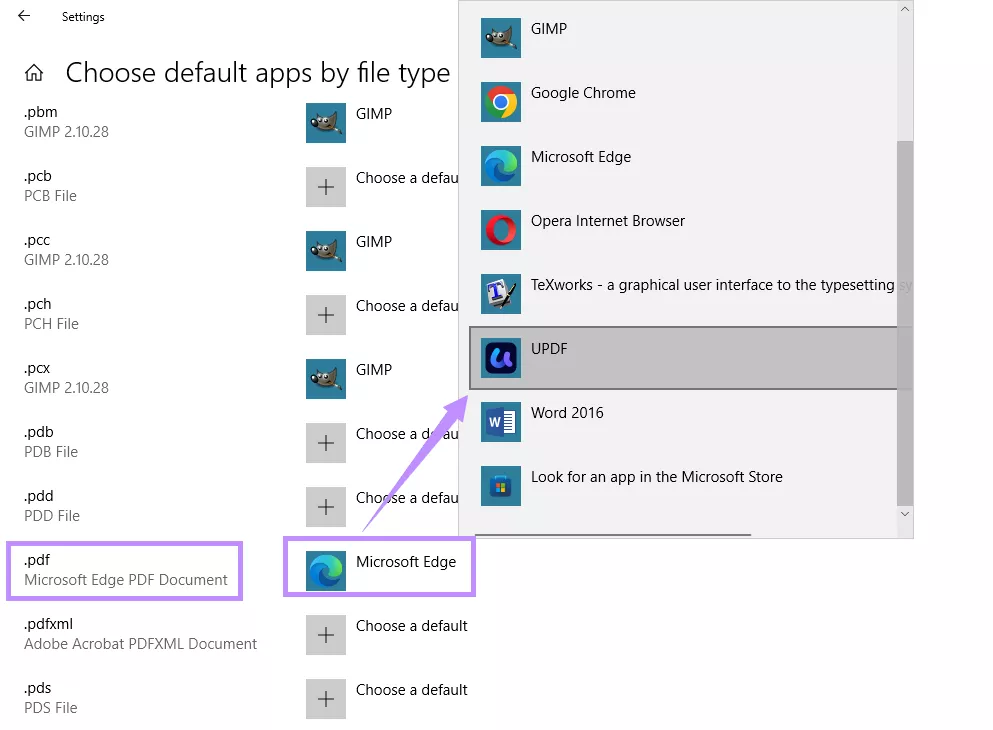 set updf as the default pdf app in windows setting