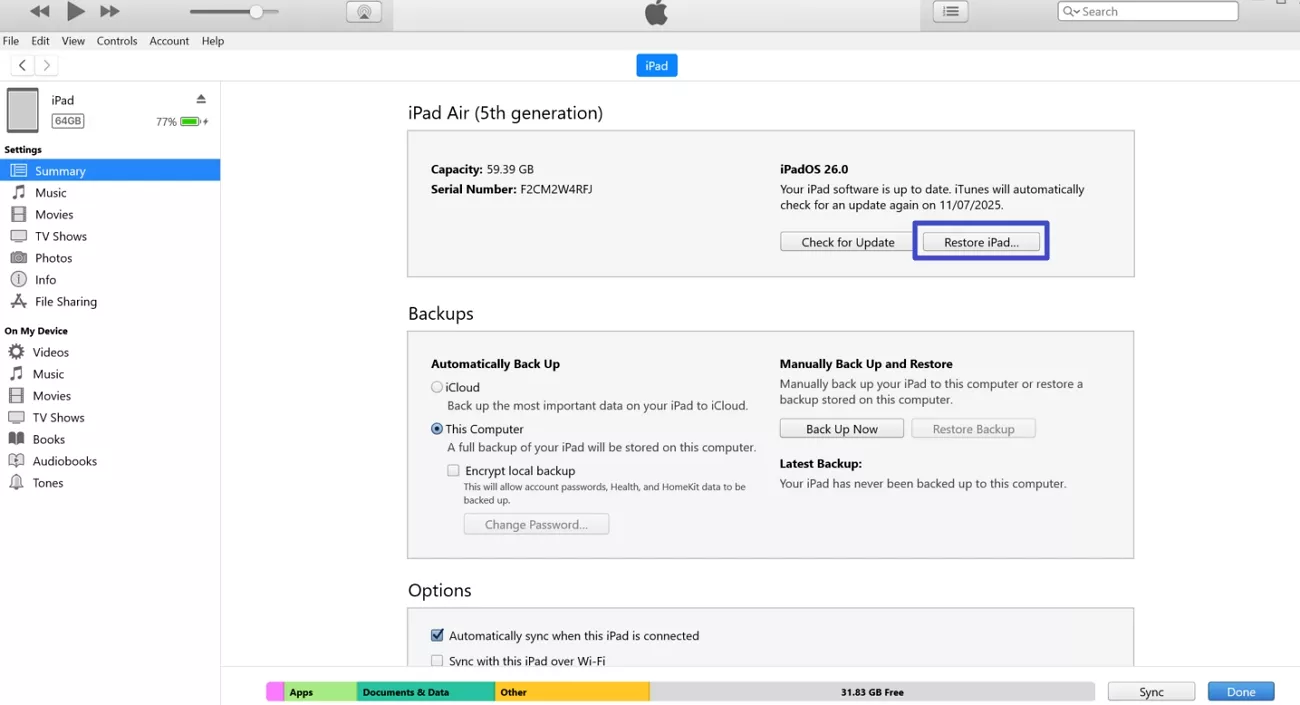 restore ipad using itunes