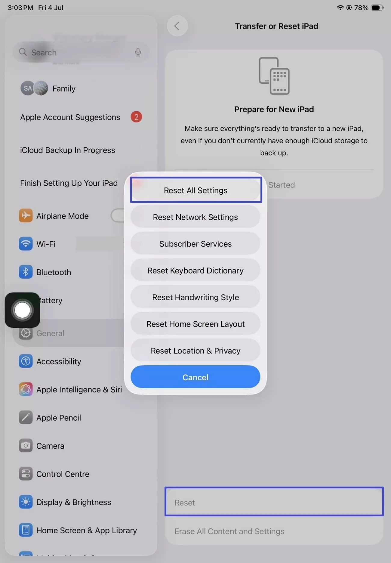 reset all settings option 