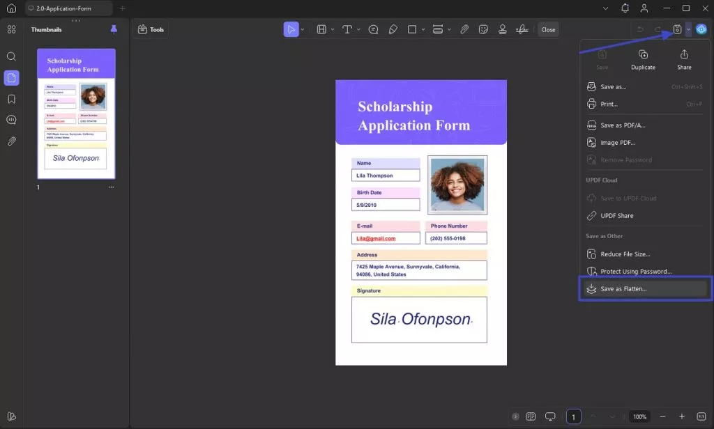 save as flatten pdf option