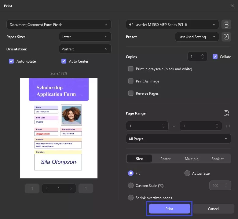 adjust print properties and settings
