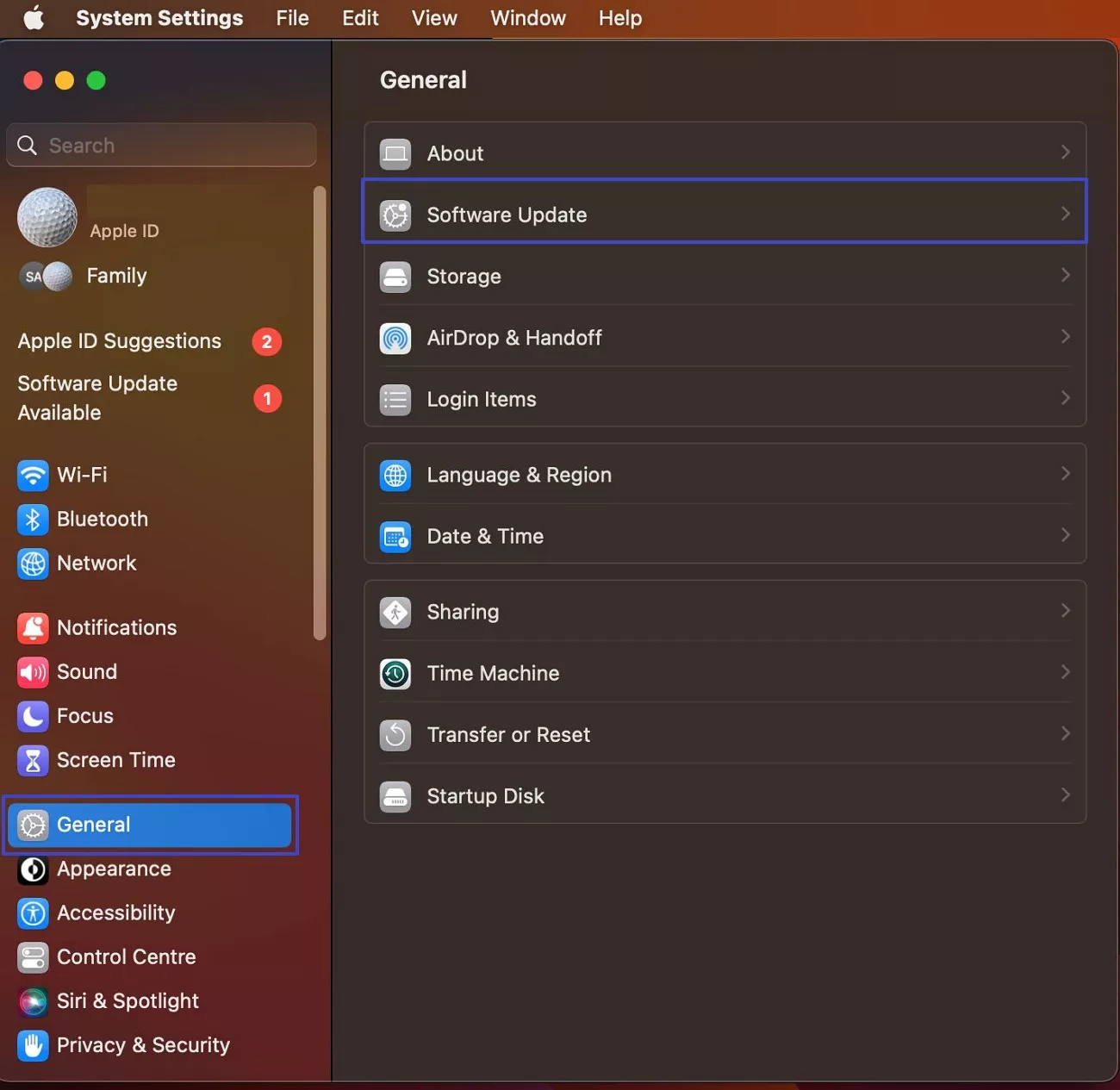 pick general software update menu 
