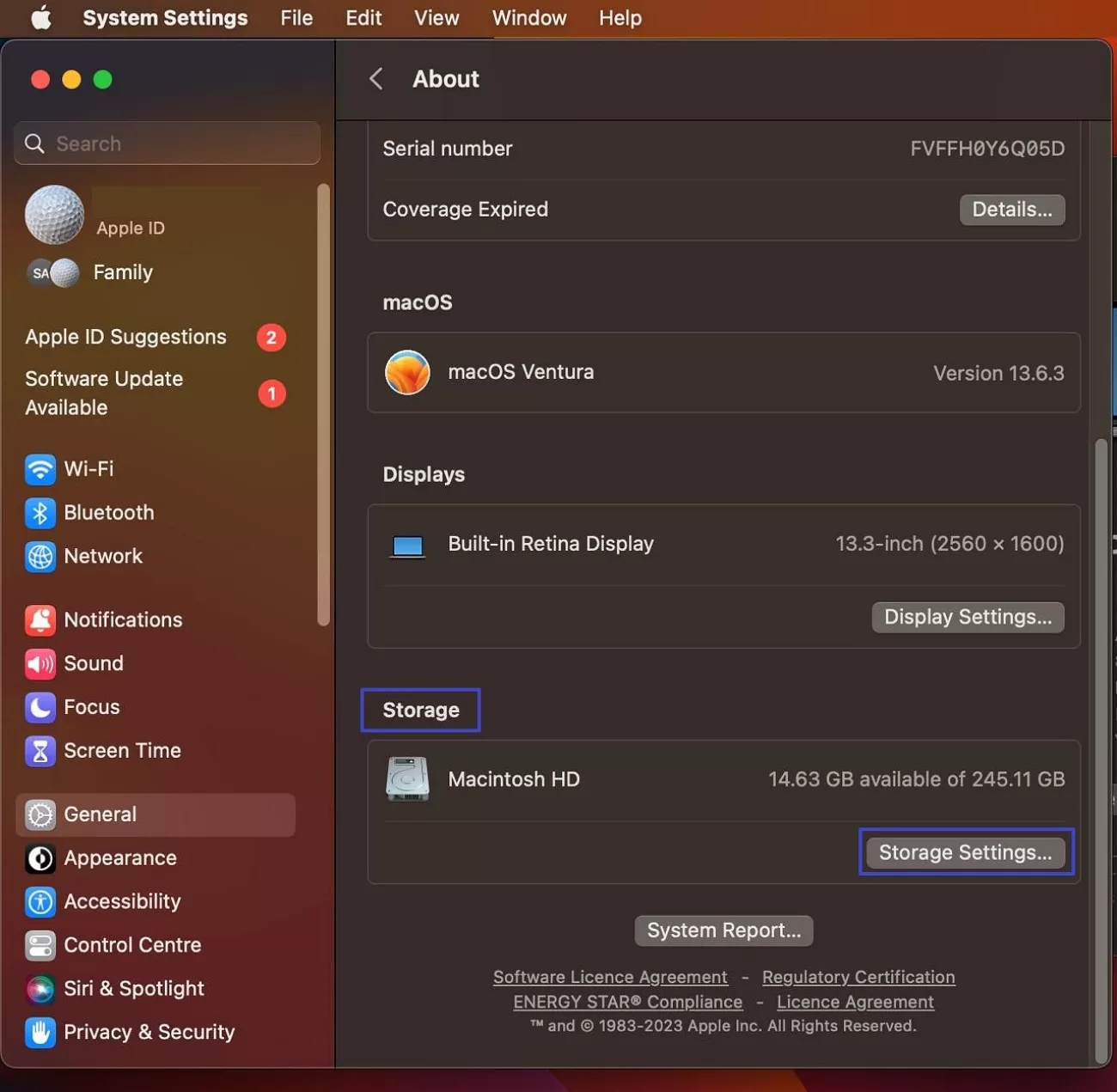 locate and select storage settings