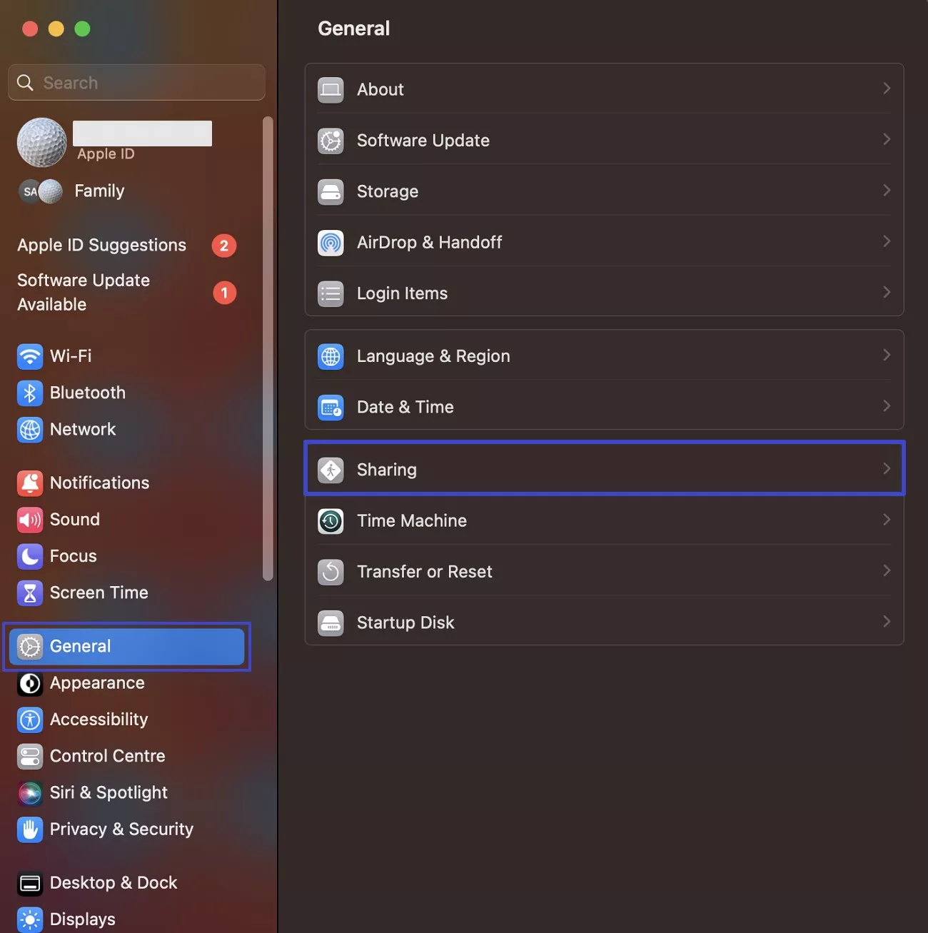 locate and select sharing tab