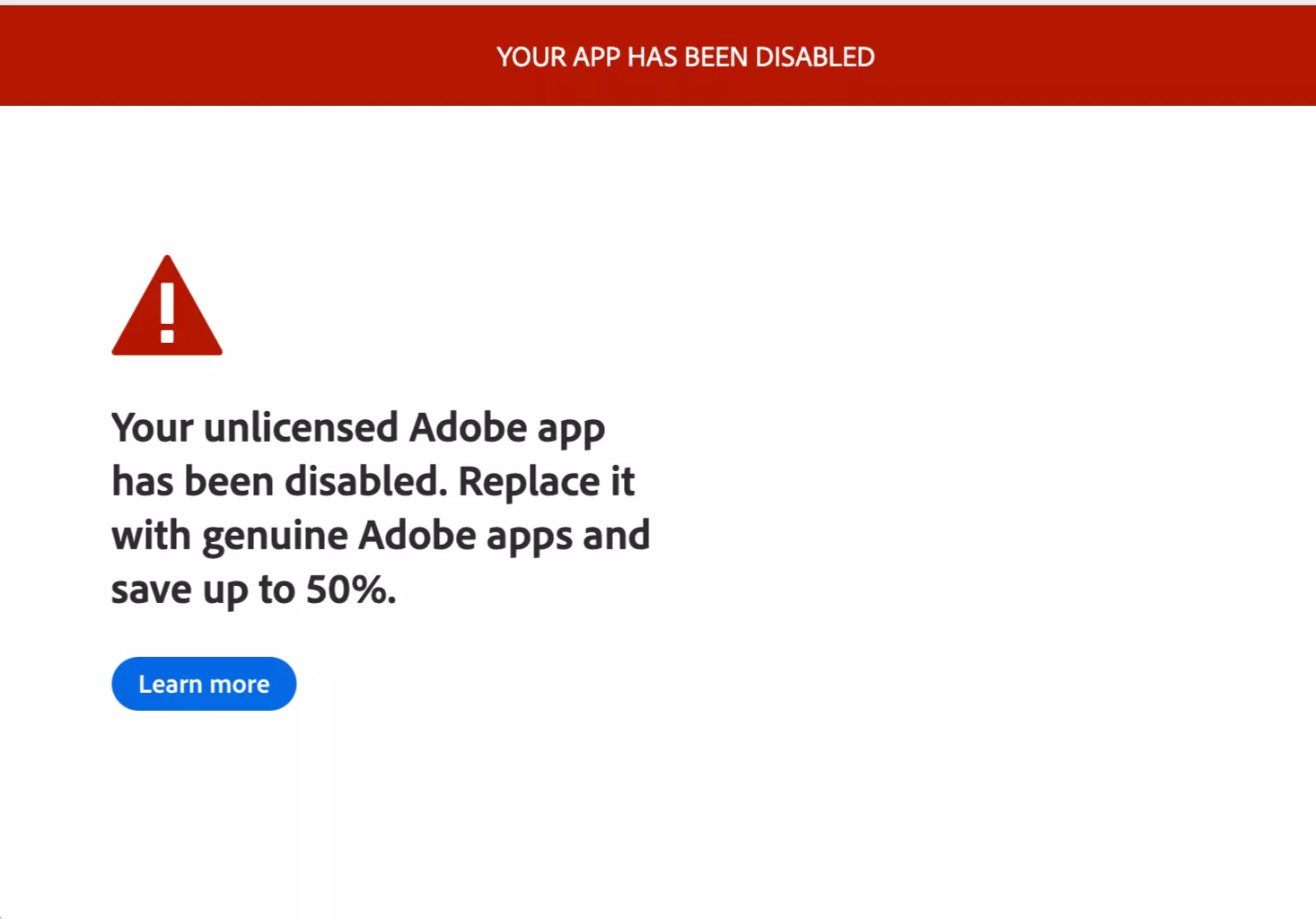 your unlicensed adobe app has been disabled message