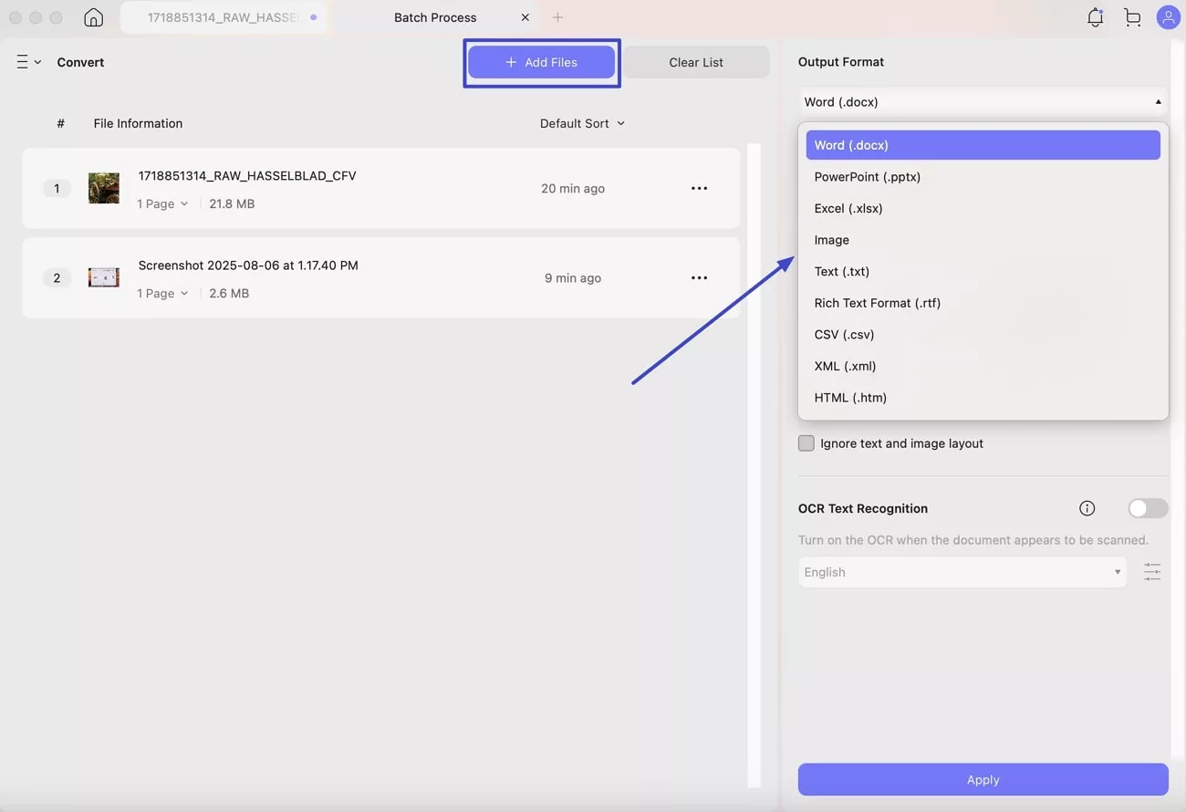 add files and select format 