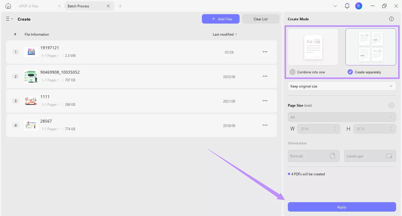 choose a create mode and click apply in updf