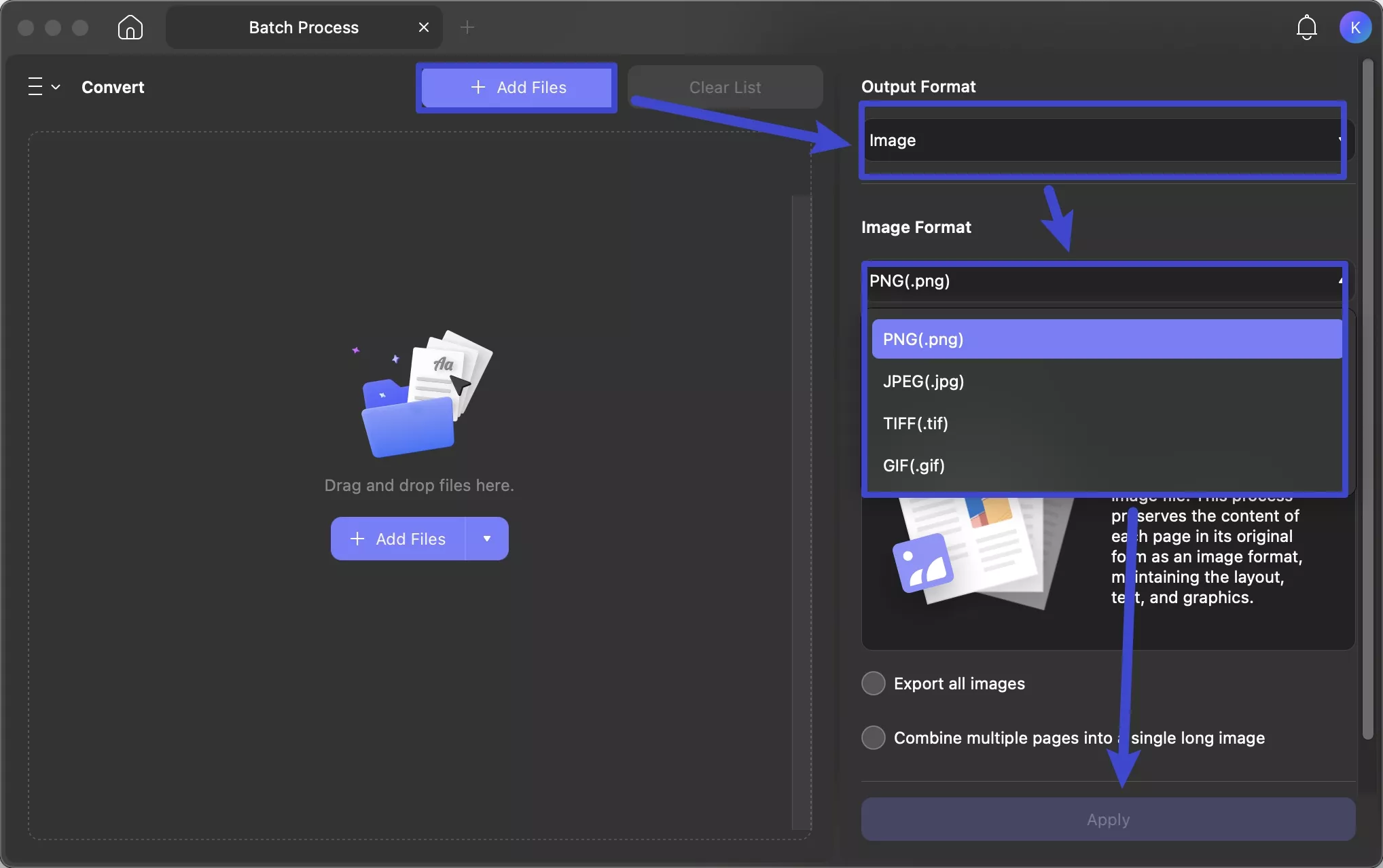 choose image format and convert files in batch updf mac
