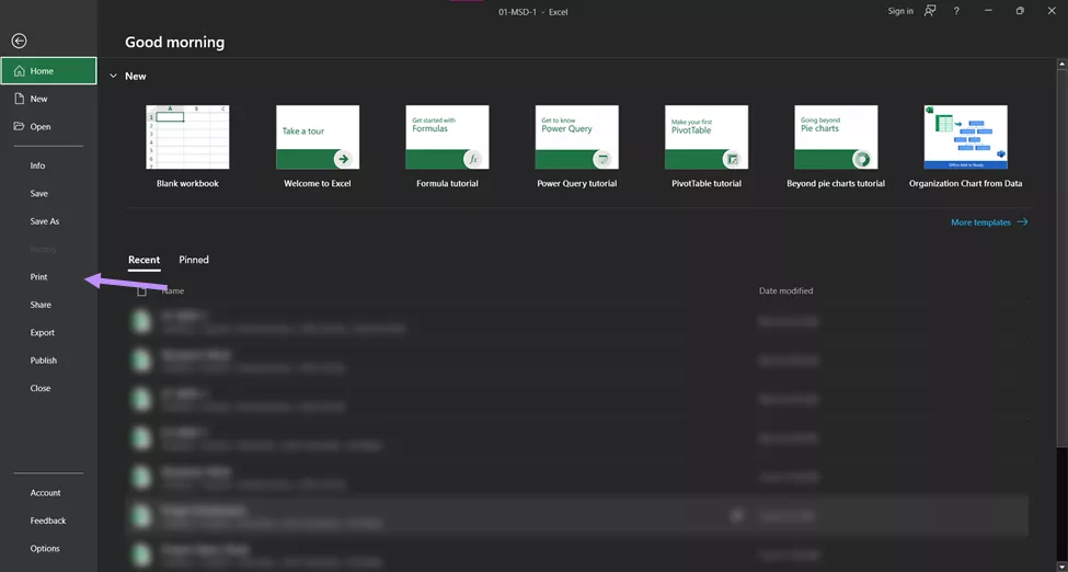 Choose Print in excel