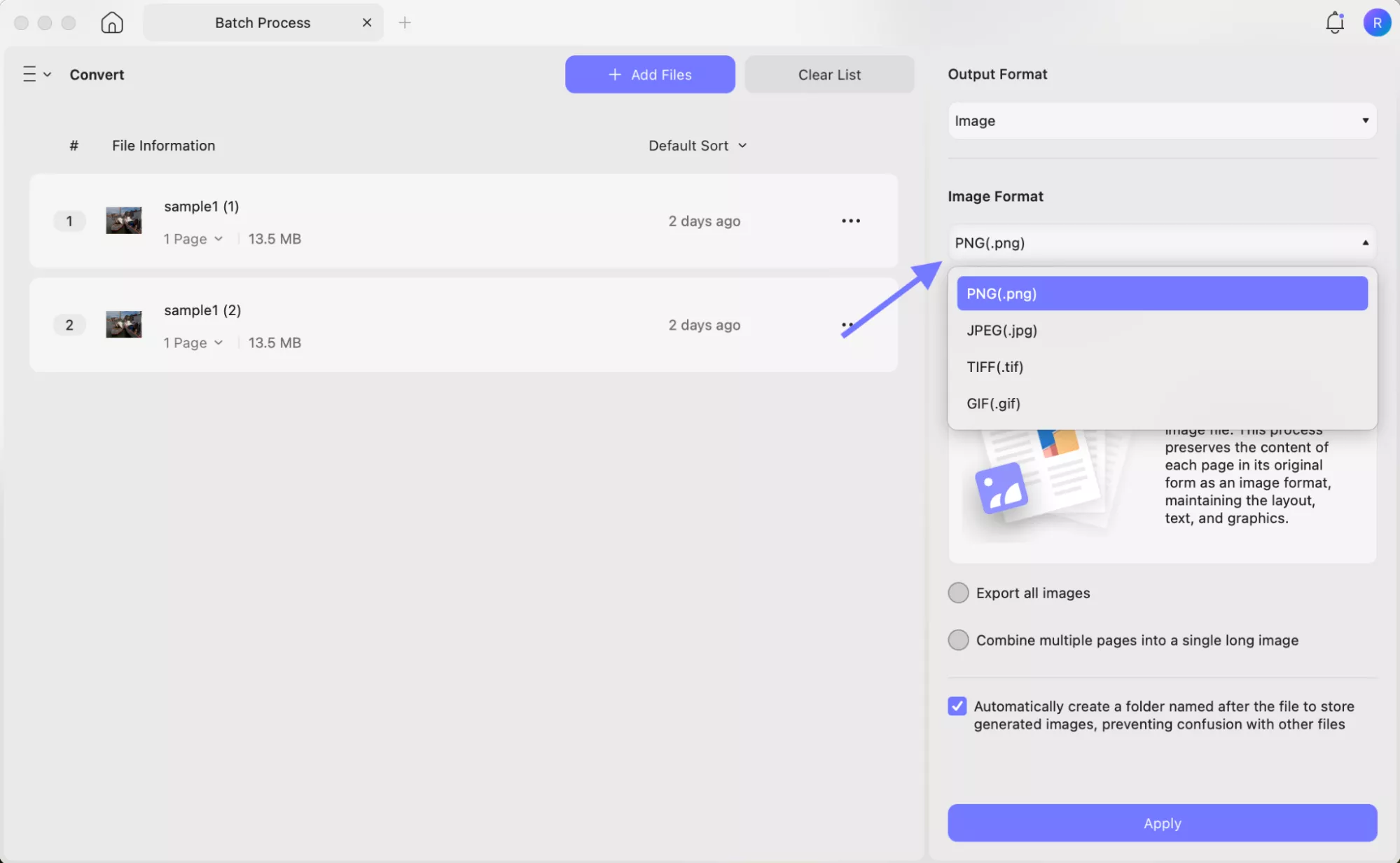 choose the image format updf mac to convert to png or jpg