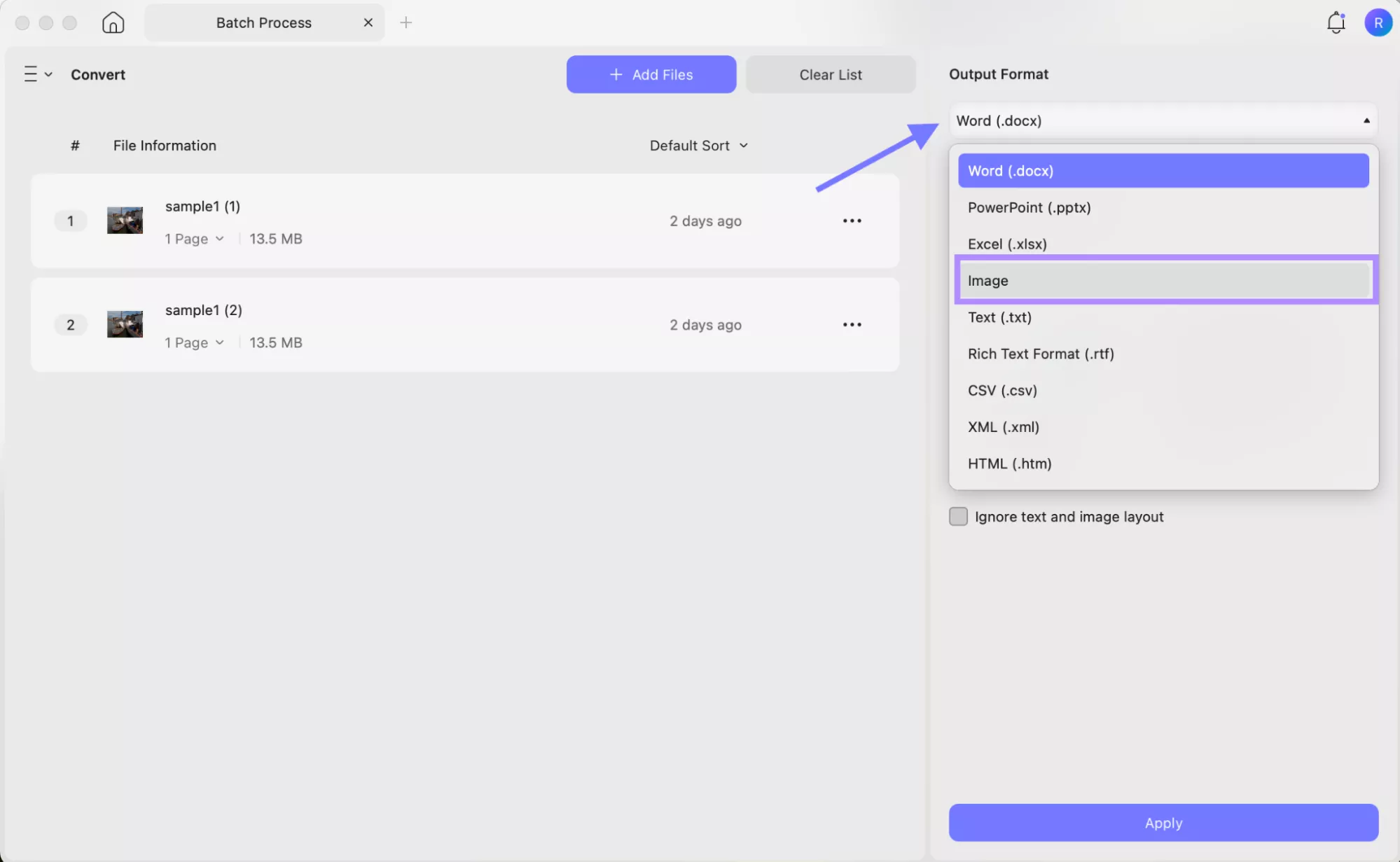 choose the output format updf mac