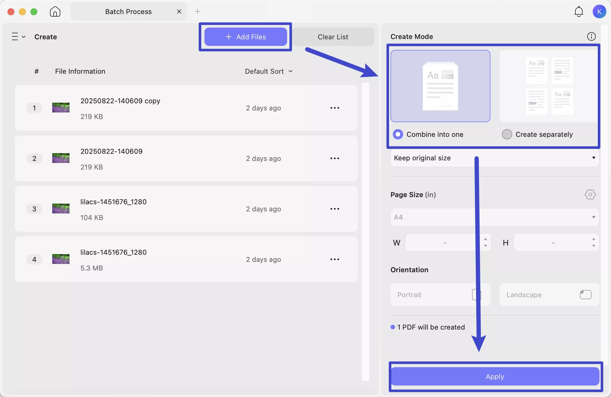 click add files in updf mac batch create