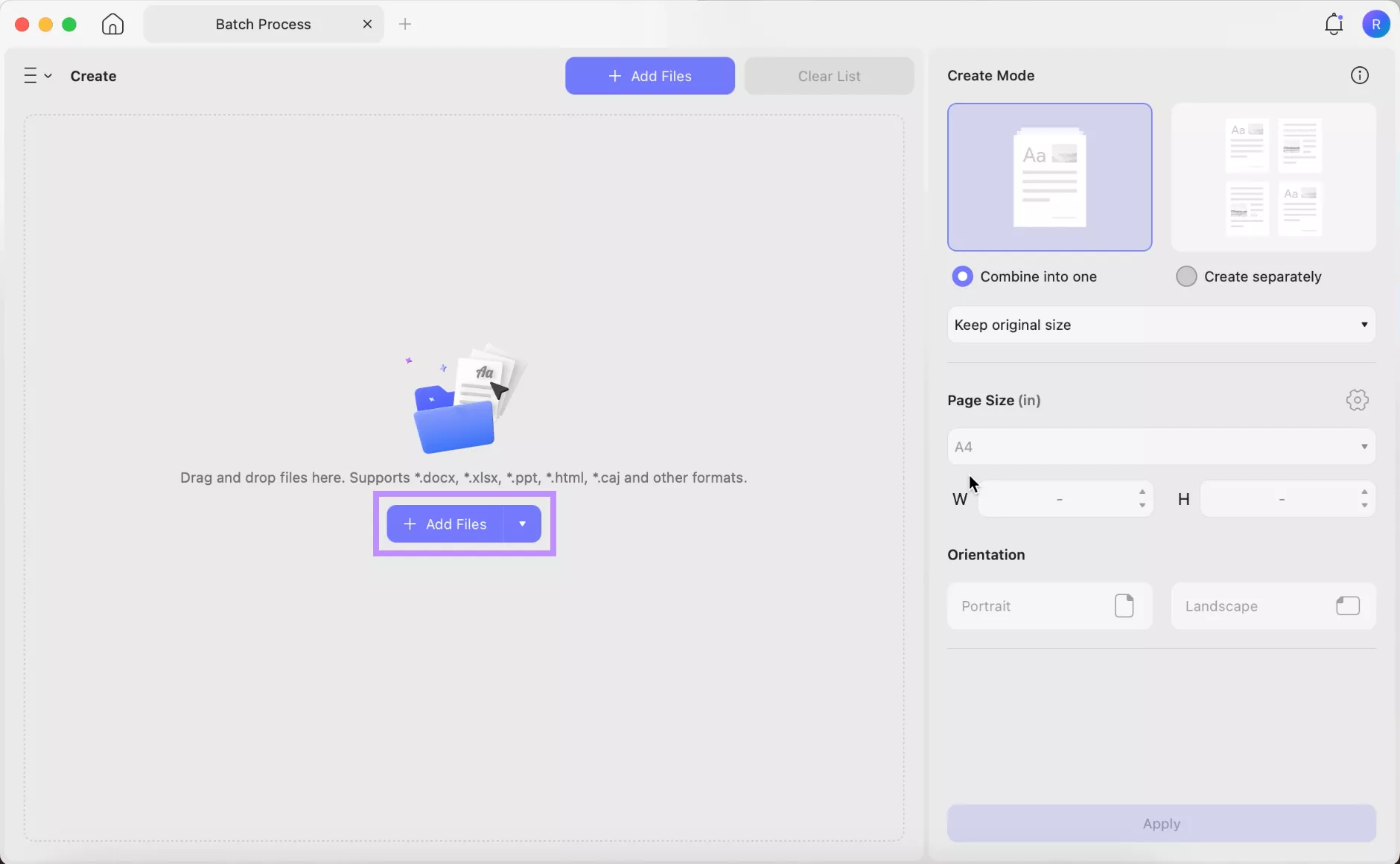  click add files in updf mac for batch creating