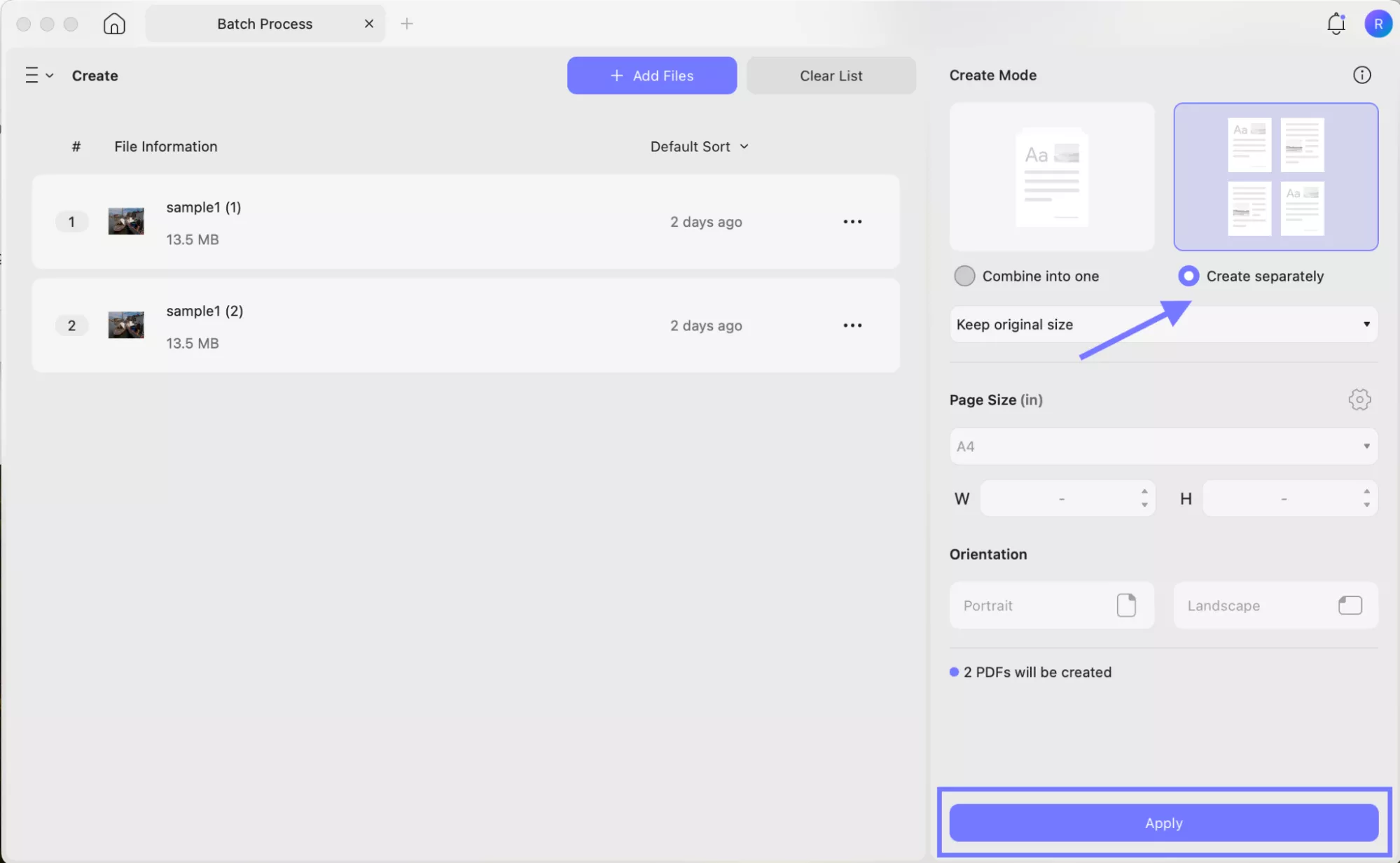 select settings and click apply to batch convert raf to pdf updf mac