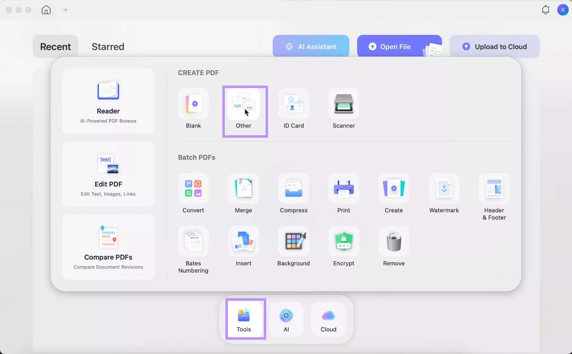 click other in the tools box in updf MAC