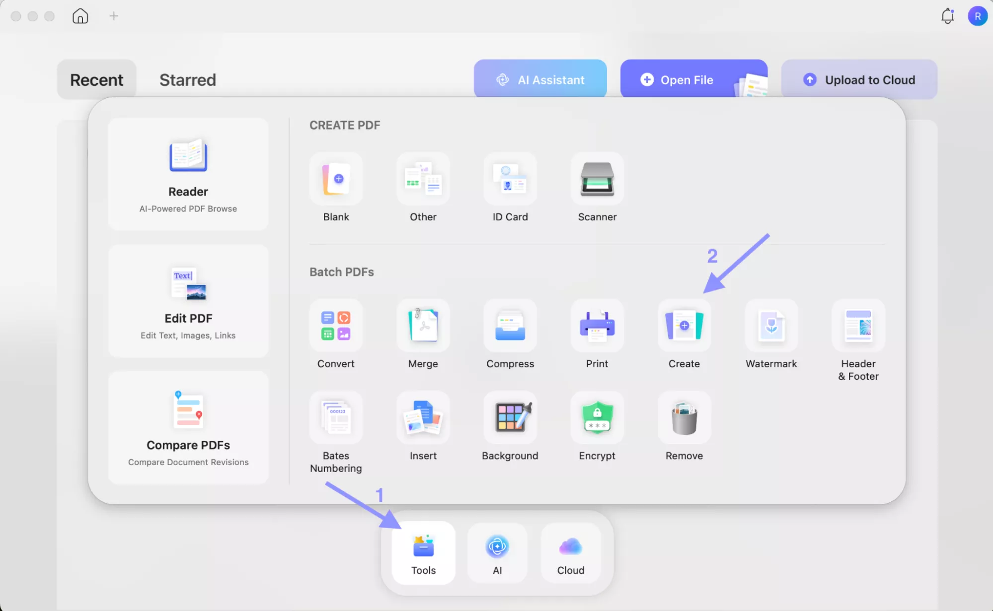  click the create button after clicking tools updf mac