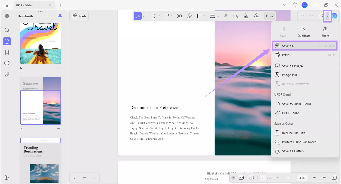click the down arrow and choose save as in updf mac