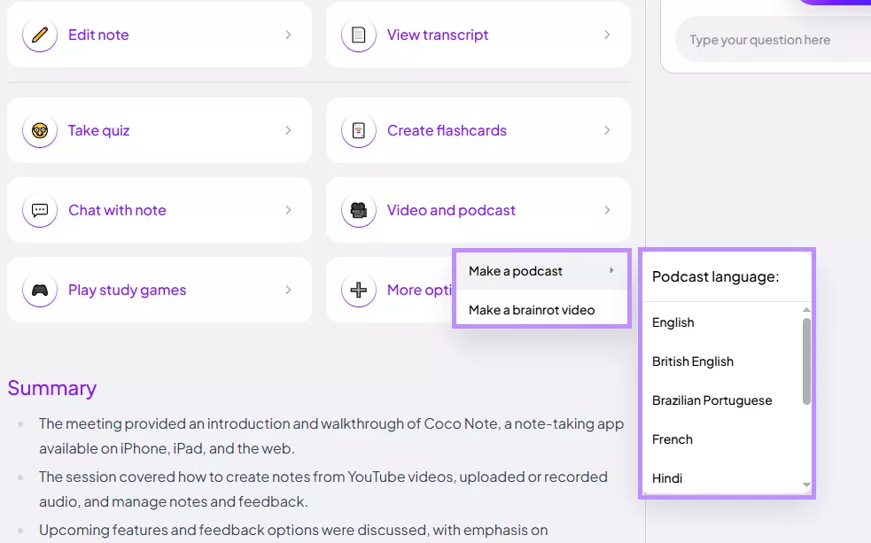 cocnote video and podcast options