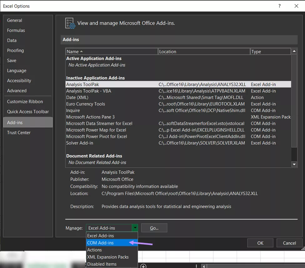 COM Add-ins in excel