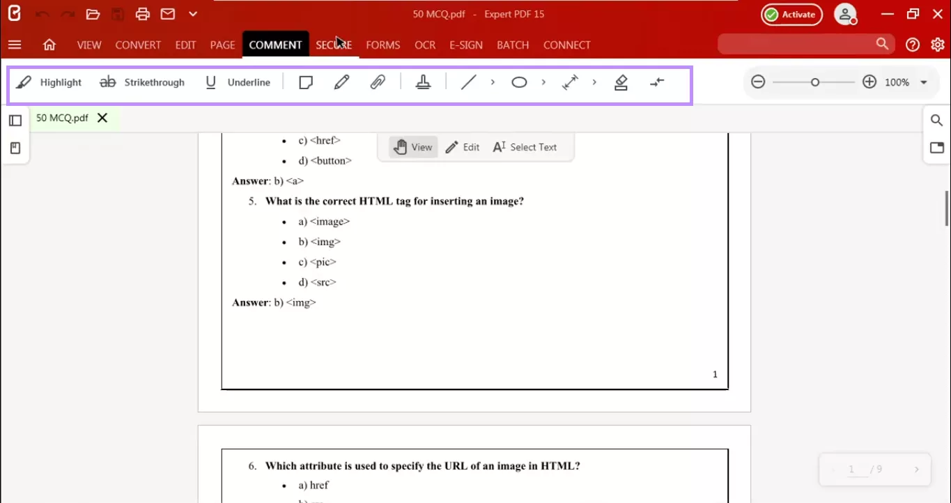 comment tool in expert pdf