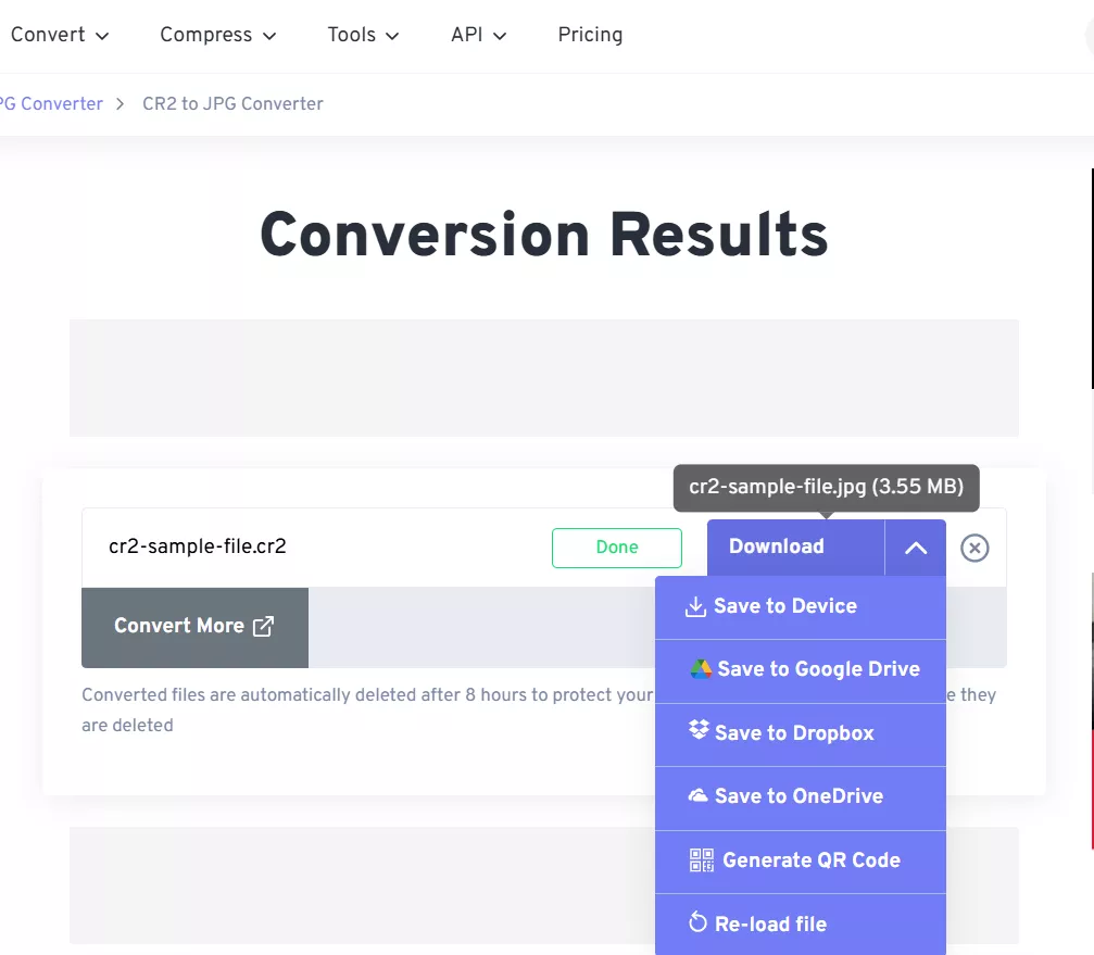 converting cr2 file to jpg and downloading the result