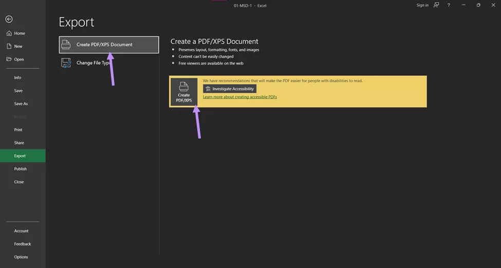 Create PDF/ XPS Document excel