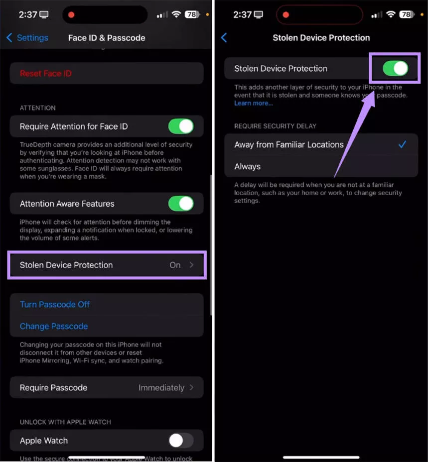 disable stolen device protection iphone