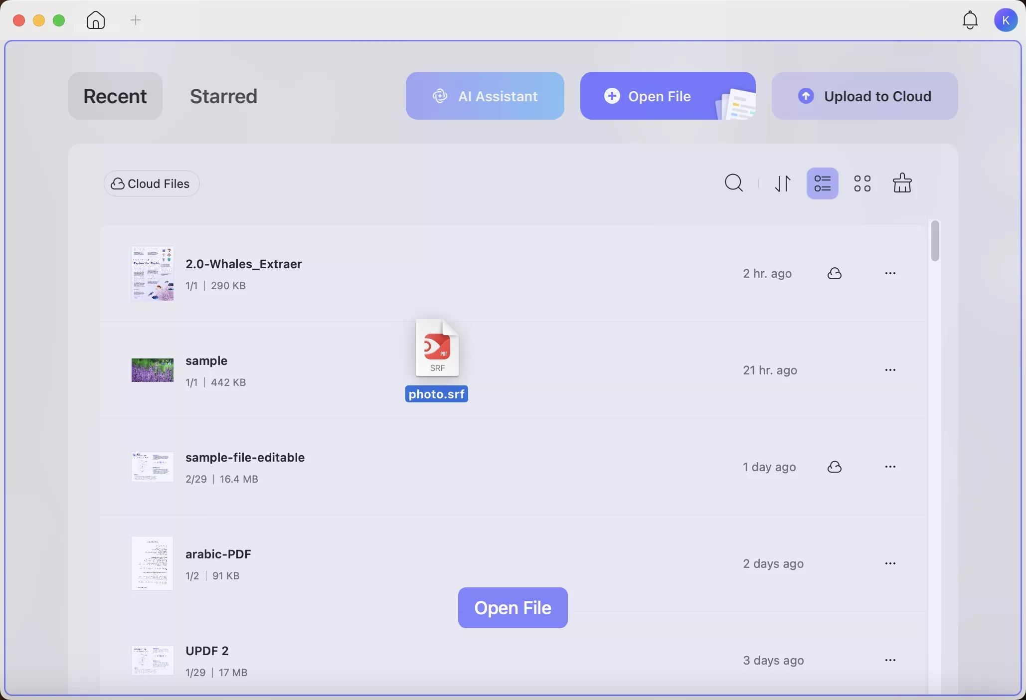 drag and drop srf file into updf mac homepage