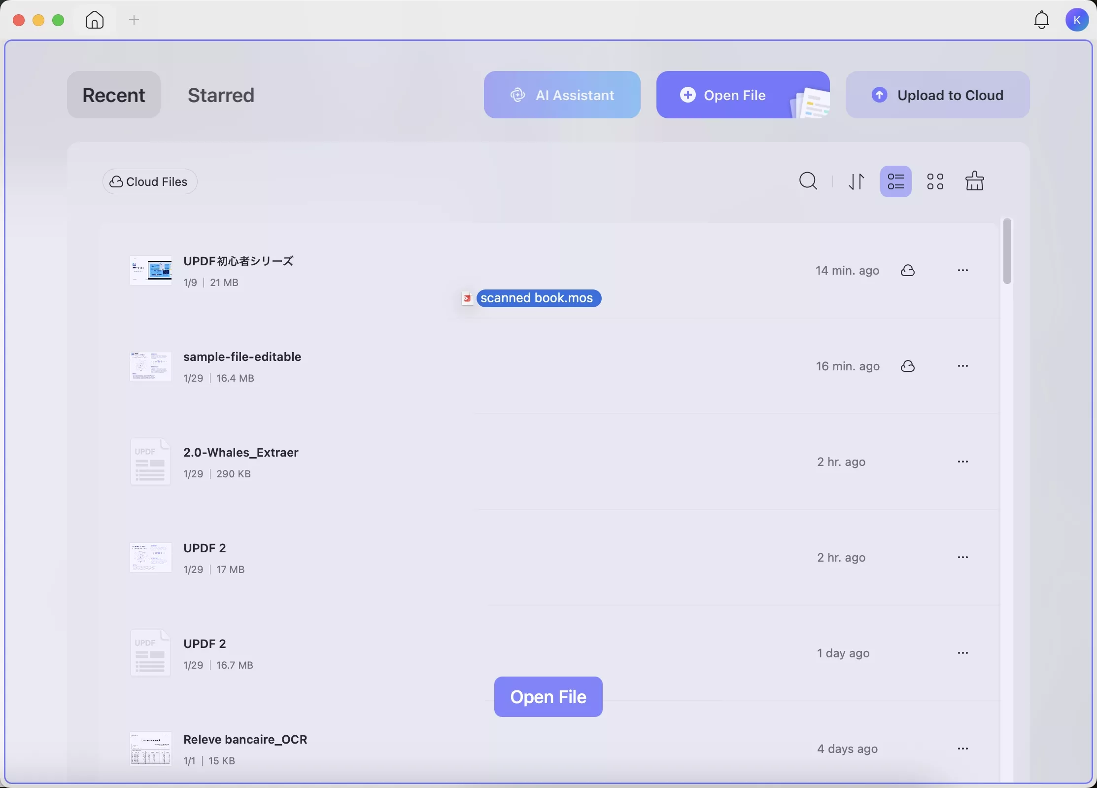 drag mos file to updf home interface mac