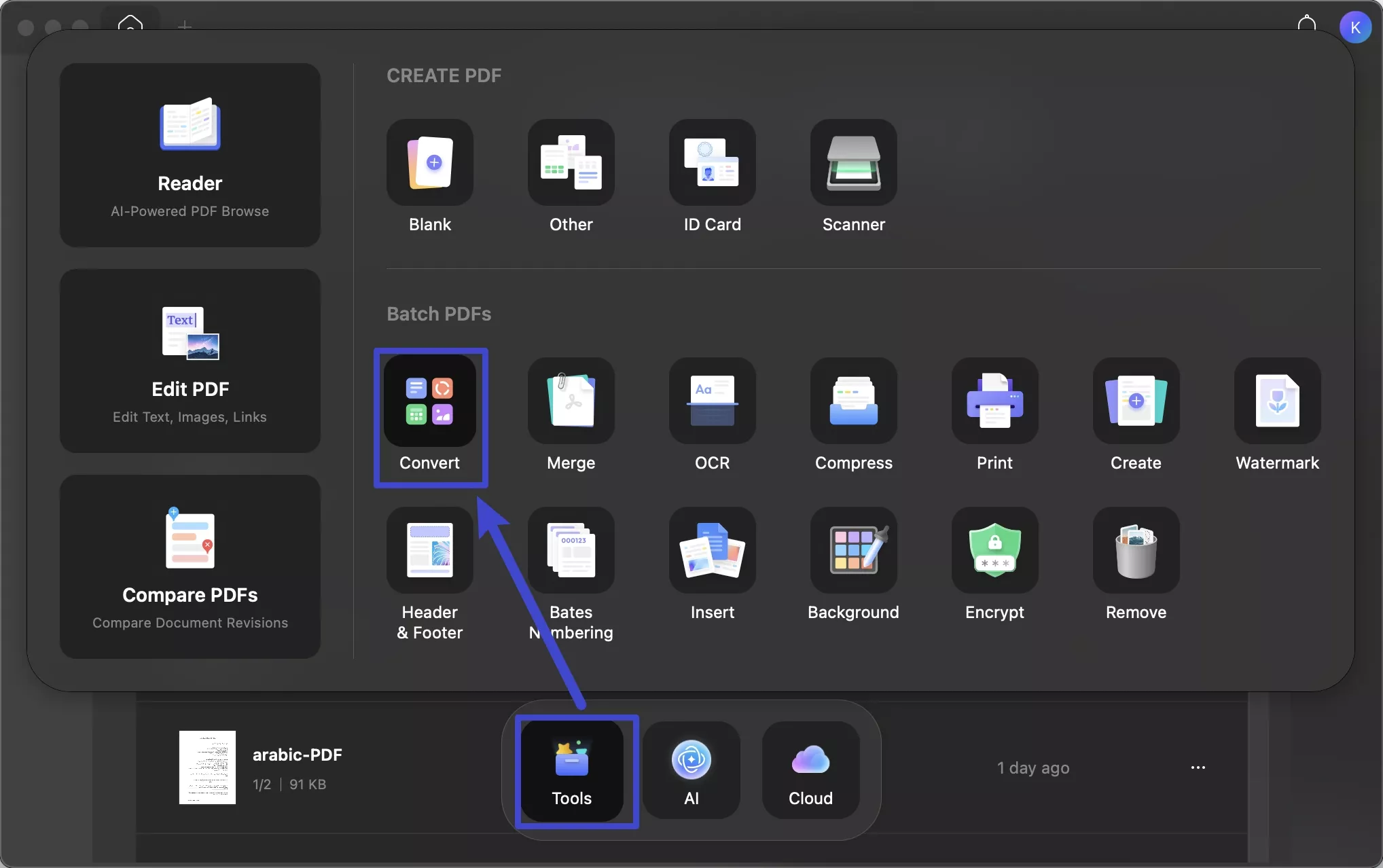 enter batch convert feature updf mac