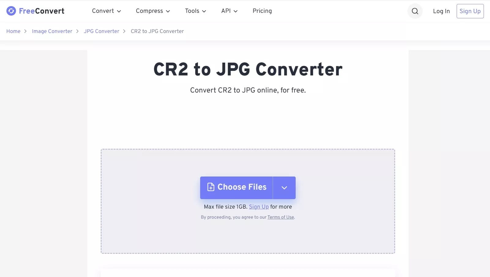freeconvert cr2 to jpg online converter page