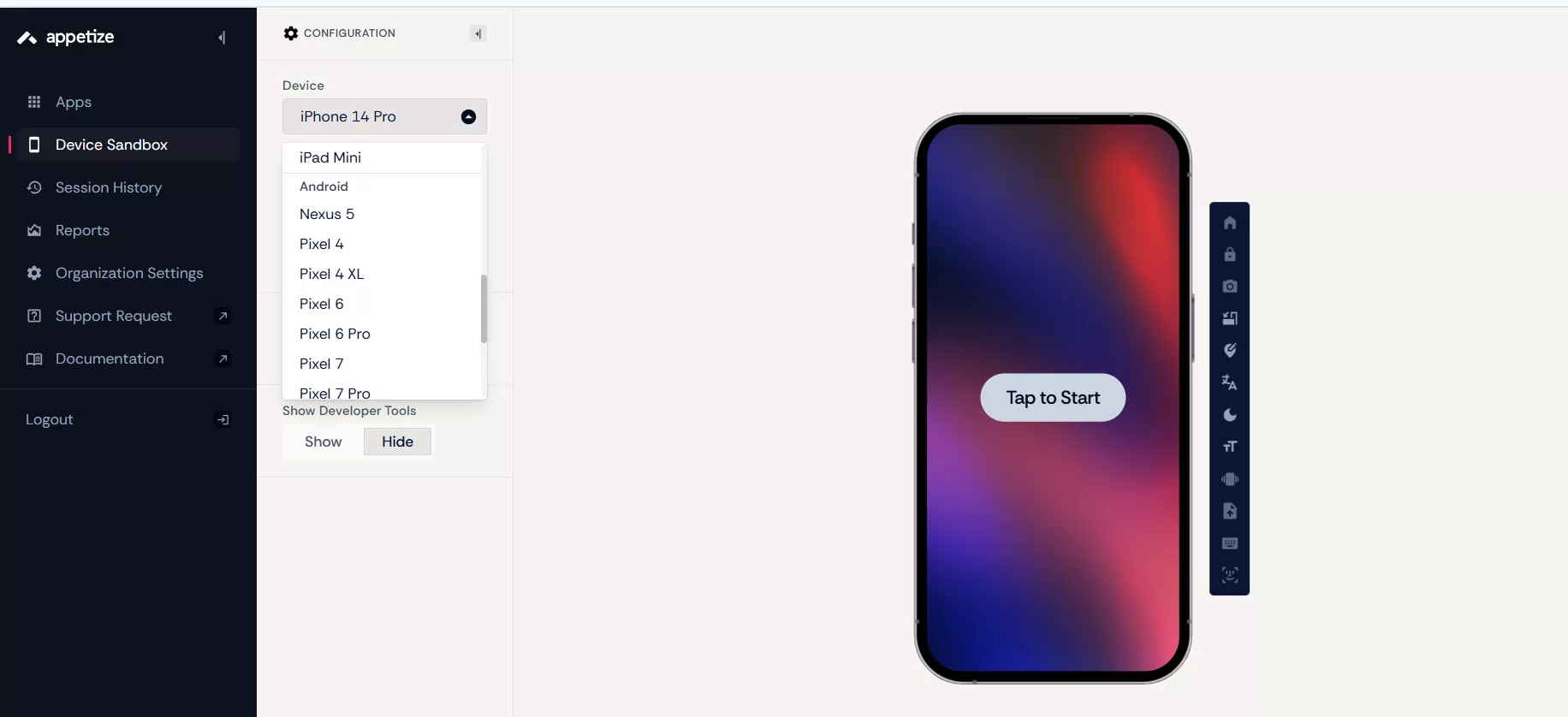 Sign in and Choose Device in Appetize