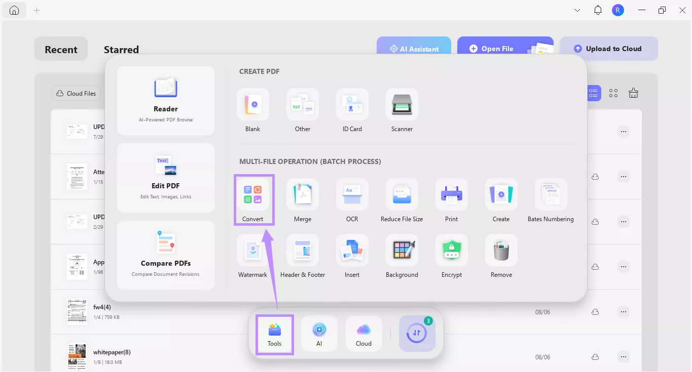 select convert under tools in updf