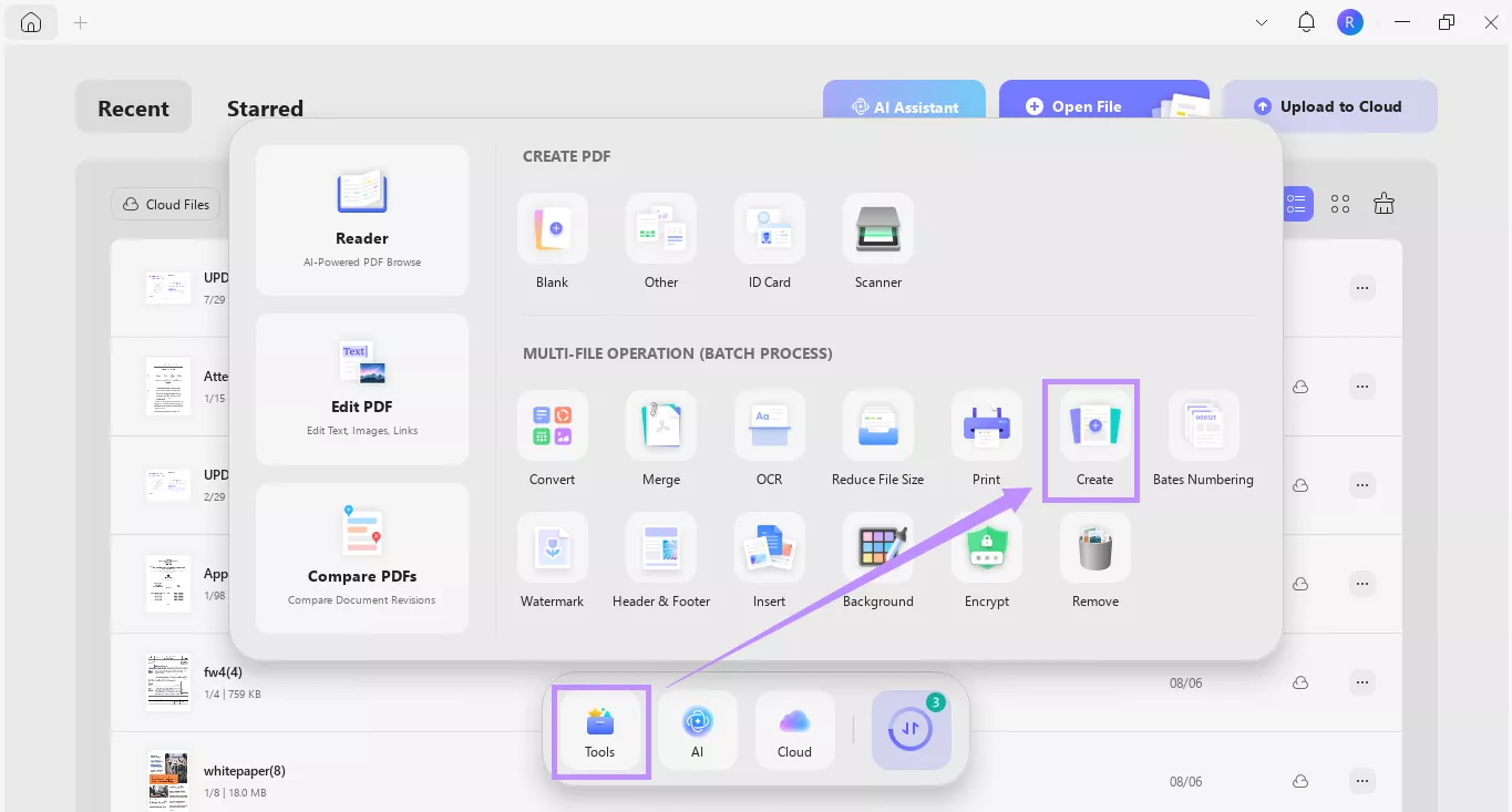 select create under tools in updf