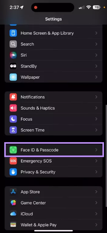 select face id & passcode iphone