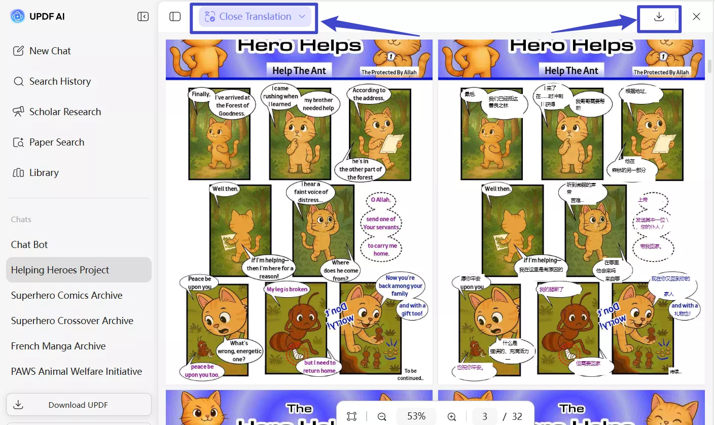 side-by-side translation of comic