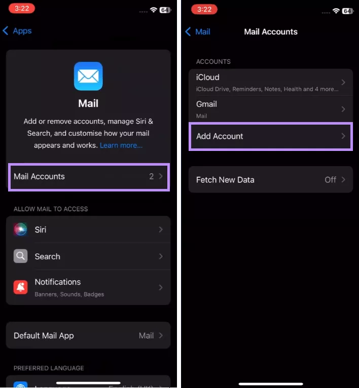 tap add account under mail accounts iphone