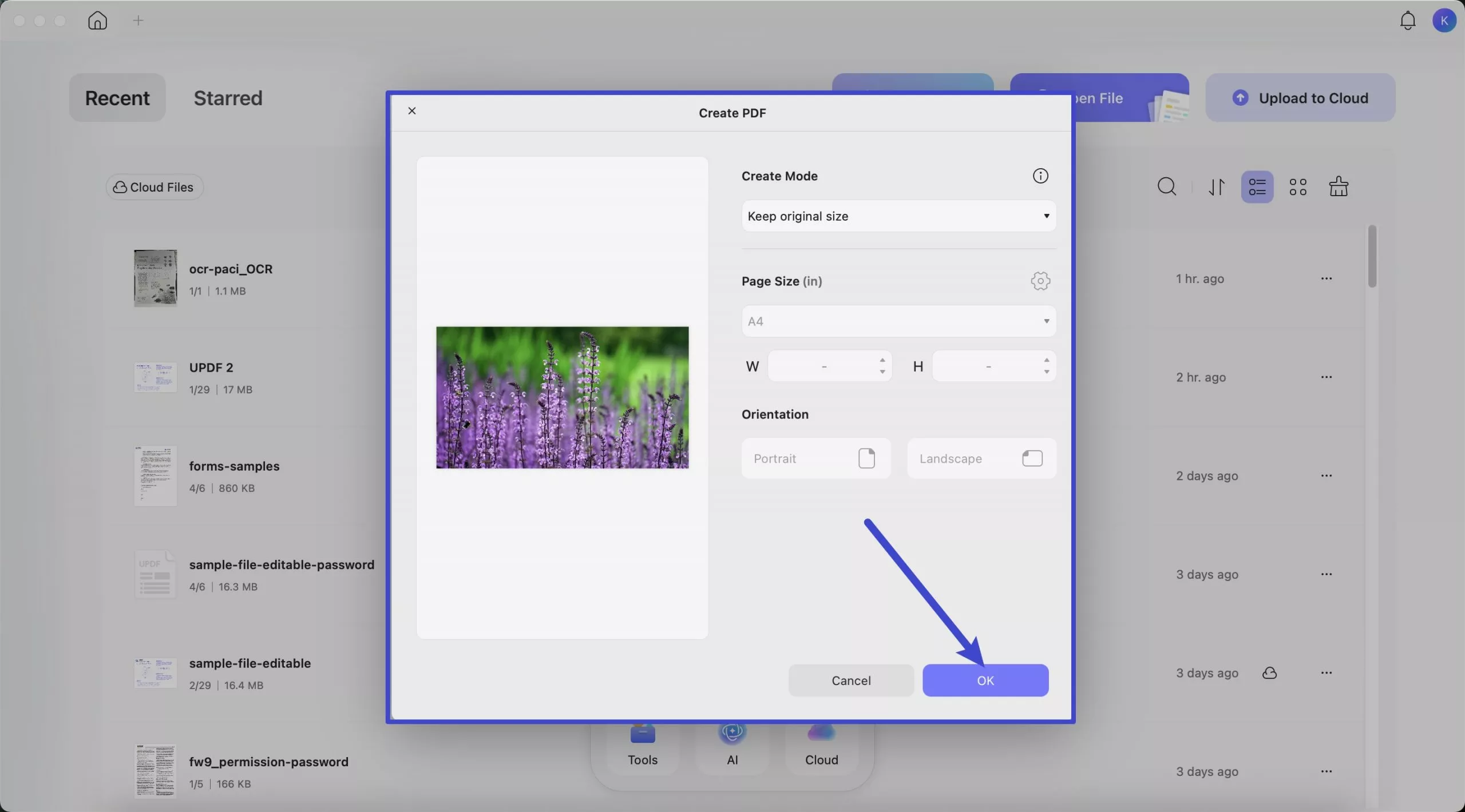updf pop-up window with options to adjust page size, orientation, and margins