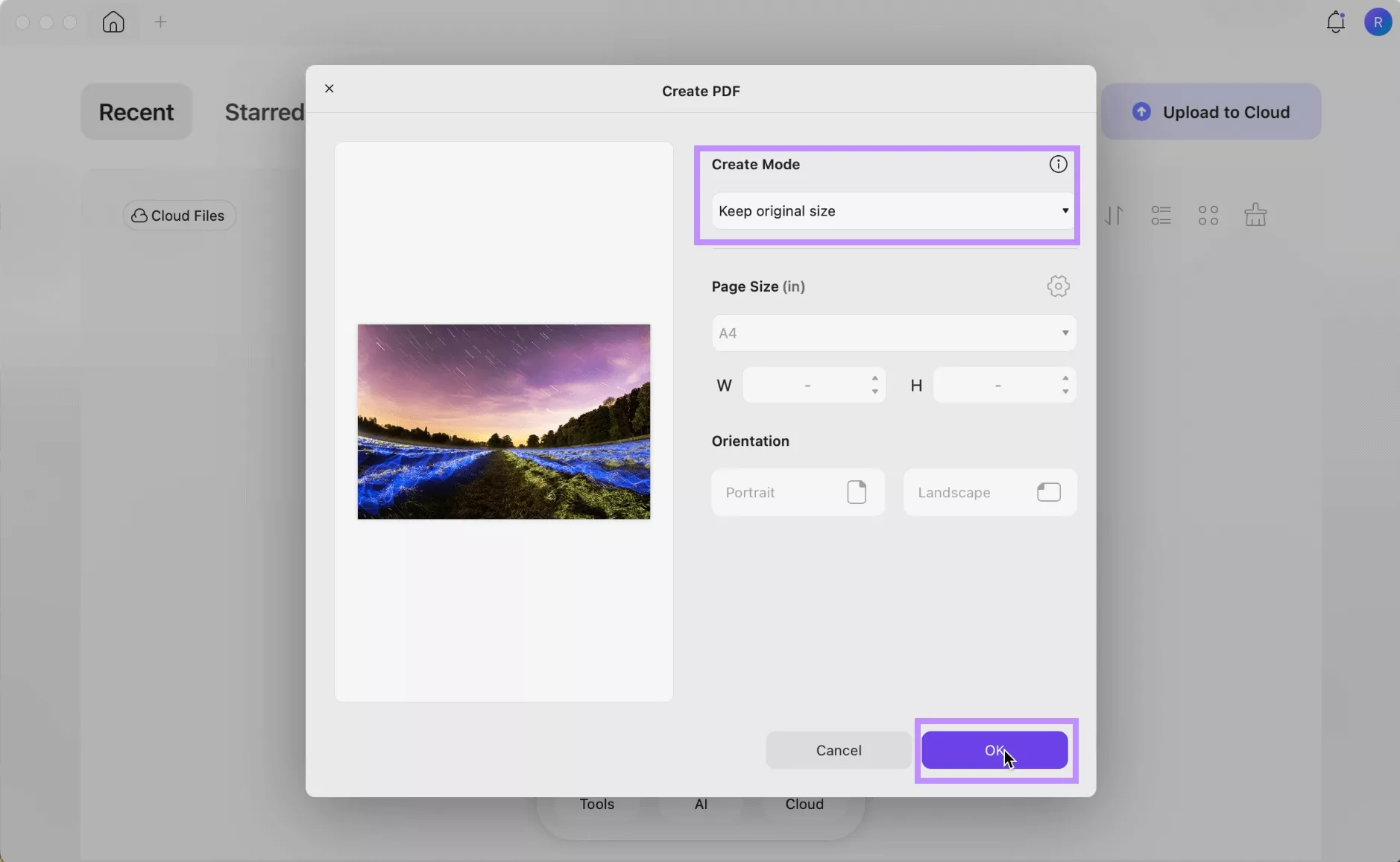 upload files and select a page size option UPDF MAC