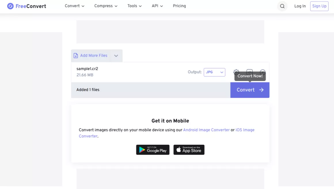 uploading a cr2 file to freeconvert for jpg conversion