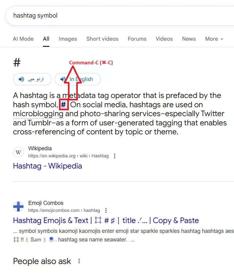 using an internet browser to copy a hashtag