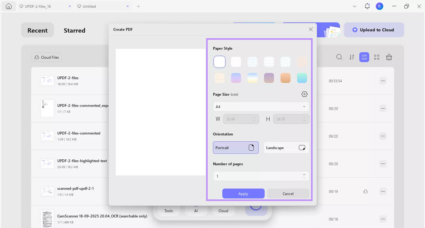 Alt-text: adjust and apply page settings to create a blank pdf updf windows