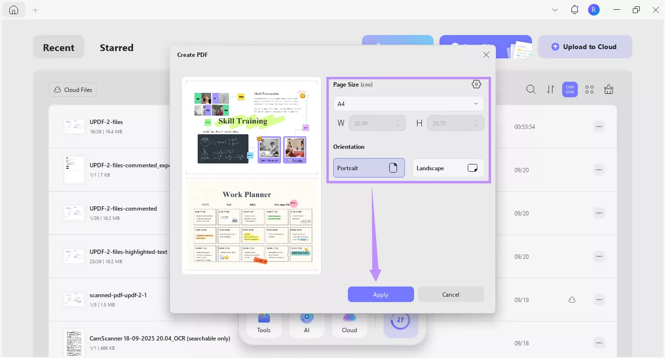 Alt-text: adjust page settings and click apply updf windows