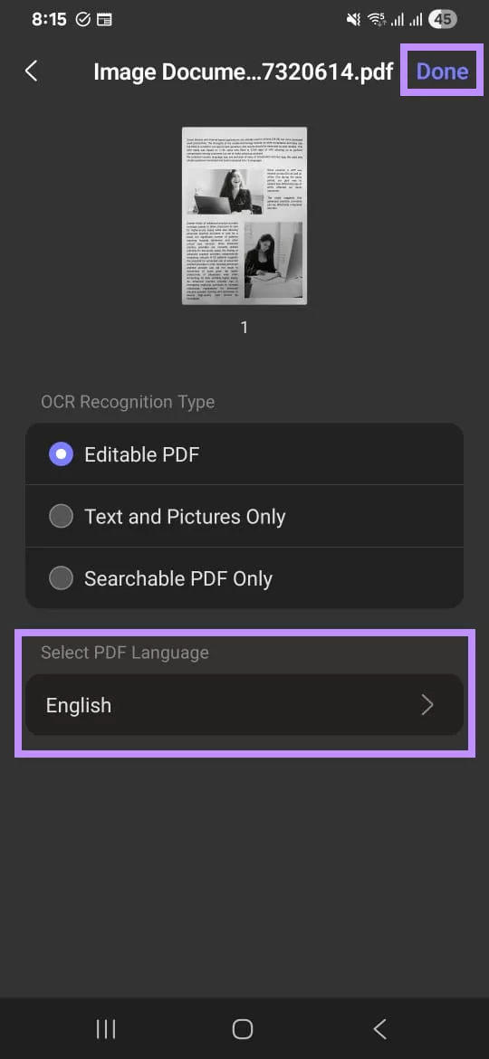 choose document language and tap done
