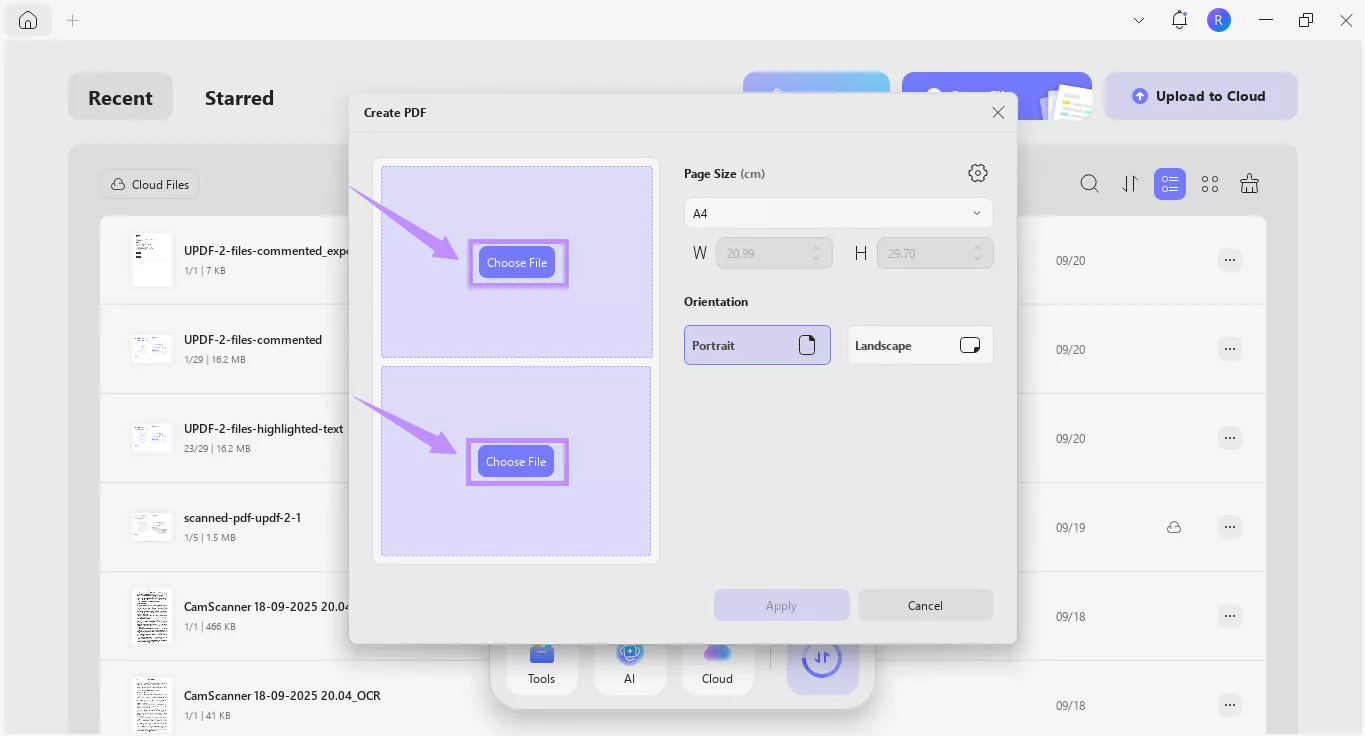 Alt-text: click choose file for merging two images into one page pdf updf windows