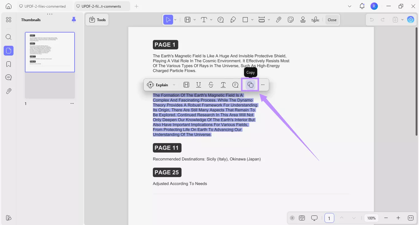 click the copy icon to copy the highlighted text updf windows