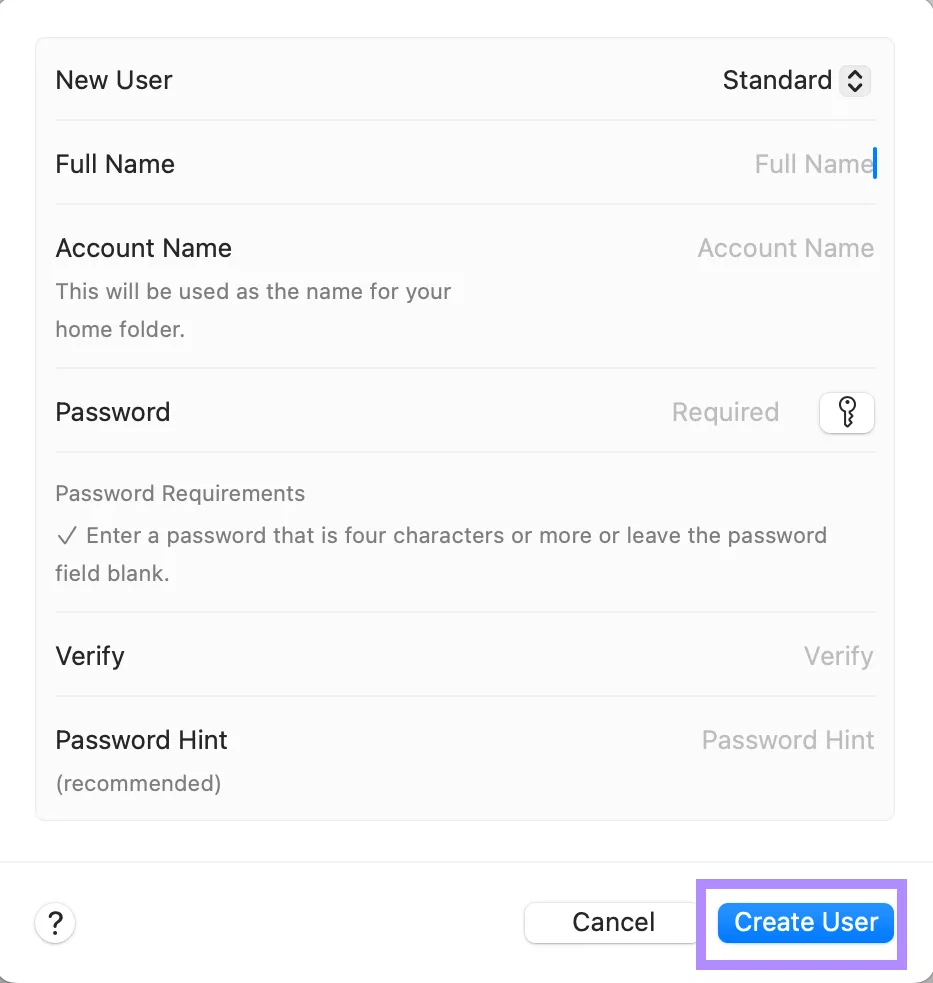 create new user profile on mac