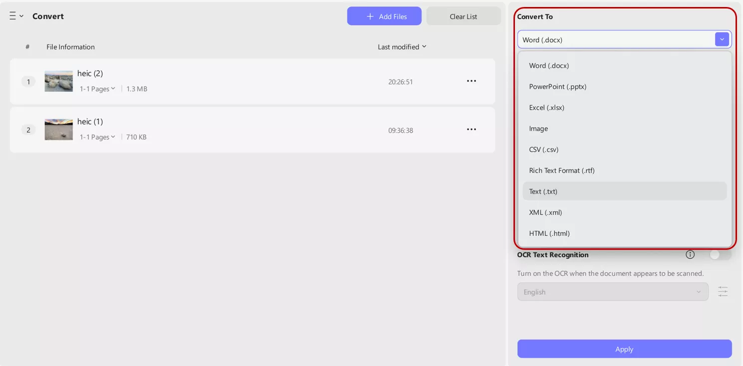 multiple convert options in updf